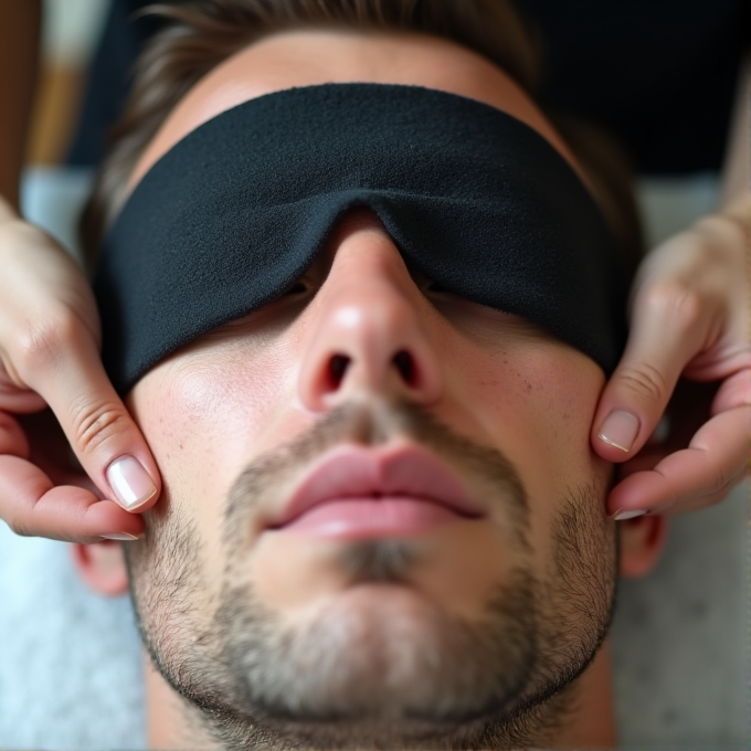 A person with a black eye mask is receiving a gentle massage on their jawline with fingers on each cheek.