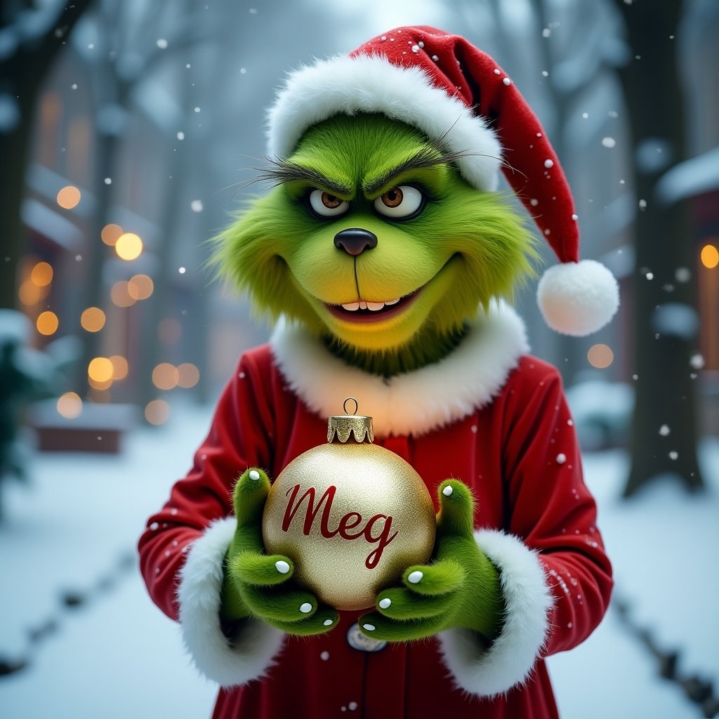 Grinch dressed in festive clothing holding a golden bauble with the name Meg. Snowy background with a cozy winter atmosphere.