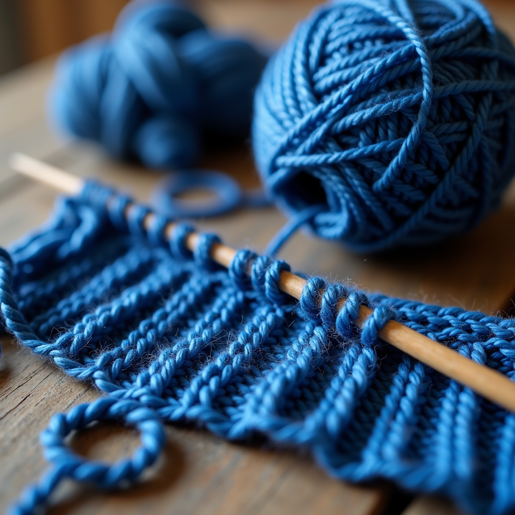 A close-up of blue yarn and needles showing a partial knitted piece resting on a wooden surface.