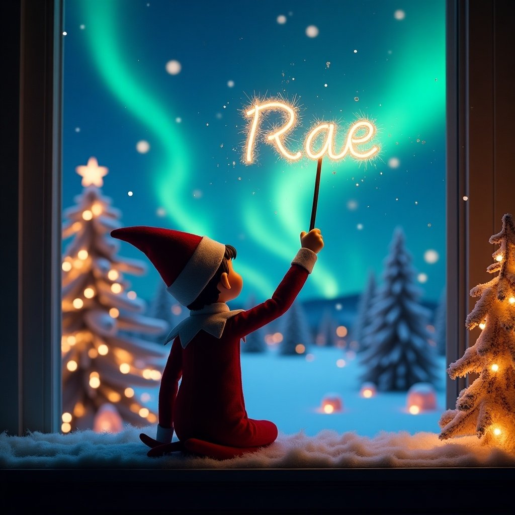 An enchanting scene captures an elf on the shelf with his back to the viewer. He's facing a vibrant night sky, using a wand to write 'Rae’ in sparkling letters above him. The background features a magical Christmas setting illuminated by northern lights and decorated snow-covered trees. String lights adorn the trees, creating a warm holiday atmosphere. The snow under the elf is pristine, contributing to the wintry vibe. This captures the essence of a joyful Christmas celebration, inviting warmth and wonder.