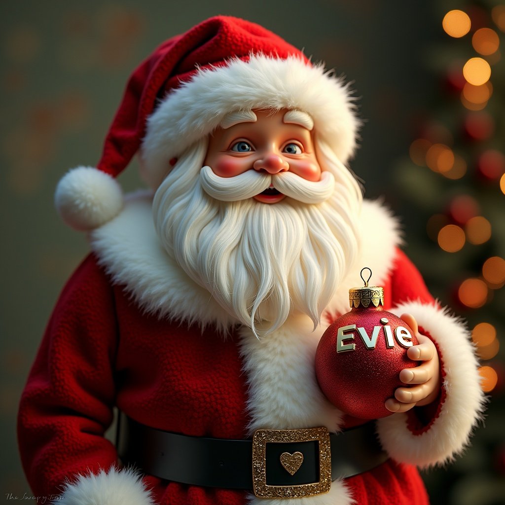 A festive depiction of Father Christmas, characterized by his iconic red suit and long white beard. He holds a Christmas bauble with the name 'Evie' displayed prominently. The setting is warm and inviting, suggesting a holiday atmosphere. The background is softly blurred with bokeh lights from a Christmas tree. Snowflake patterns and cozy textures add to the seasonal charm. This image captures the spirit of giving and joy associated with Christmas.