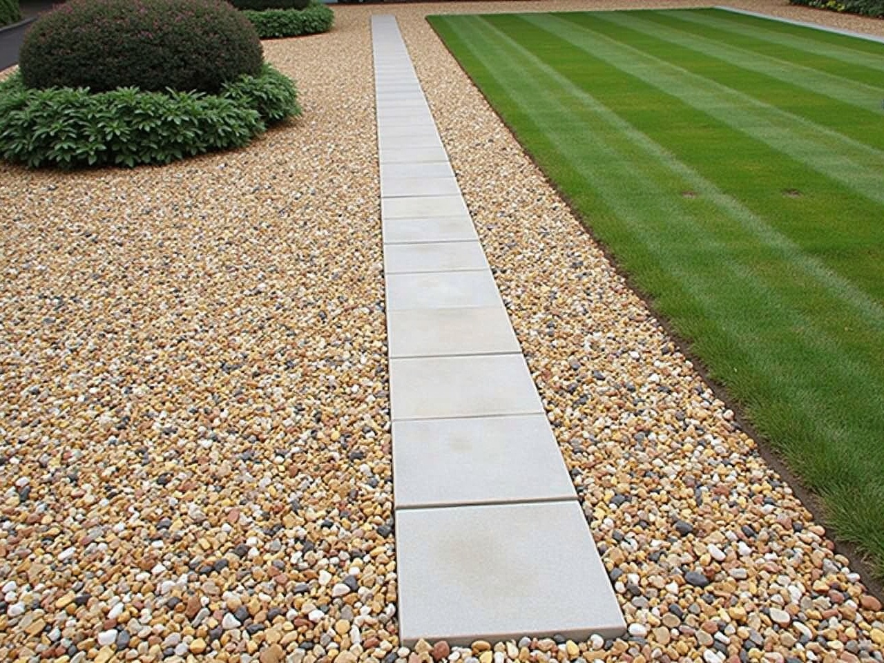 This image showcases a beautifully designed gravel path measuring 64 ft by 3 ft. The path is lined with two rows of 16 inch by 16 inch concrete slabs. It is surrounded by well-maintained gravel and neatly trimmed grass. This visually appealing layout enhances outdoor spaces and offers a practical walkway. Ideal for gardens and landscape projects, this path integrates natural elements and modern design.