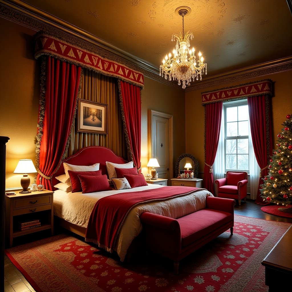 Stunning extravagant Christmas-themed bedroom inspired by the movie Elf. Massive room showcases entire decor. Features luxurious red bed with matching furnishings. Warm lighting creates a cozy atmosphere. Christmas tree beautifully decorated.