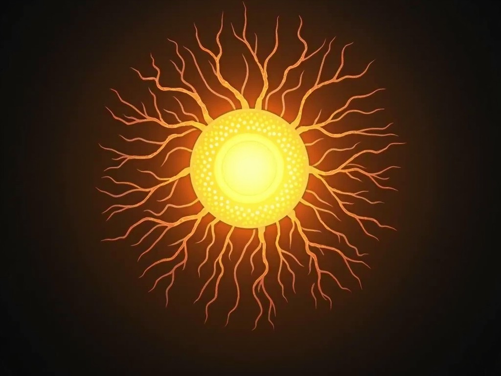 The image features a glowing orb that appears to be in the center of a dark background. This orb emits a warm yellow and orange light, resembling a sun-like energy source. Surrounding the orb are intricate branching forms that look like gnarled tree roots or twigs, enhancing the magical aura of the image. The light radiates outward, creating a sense of power and mystery. The overall composition gives off an otherworldly vibe, as if it's a portal or a source of ancient energy.