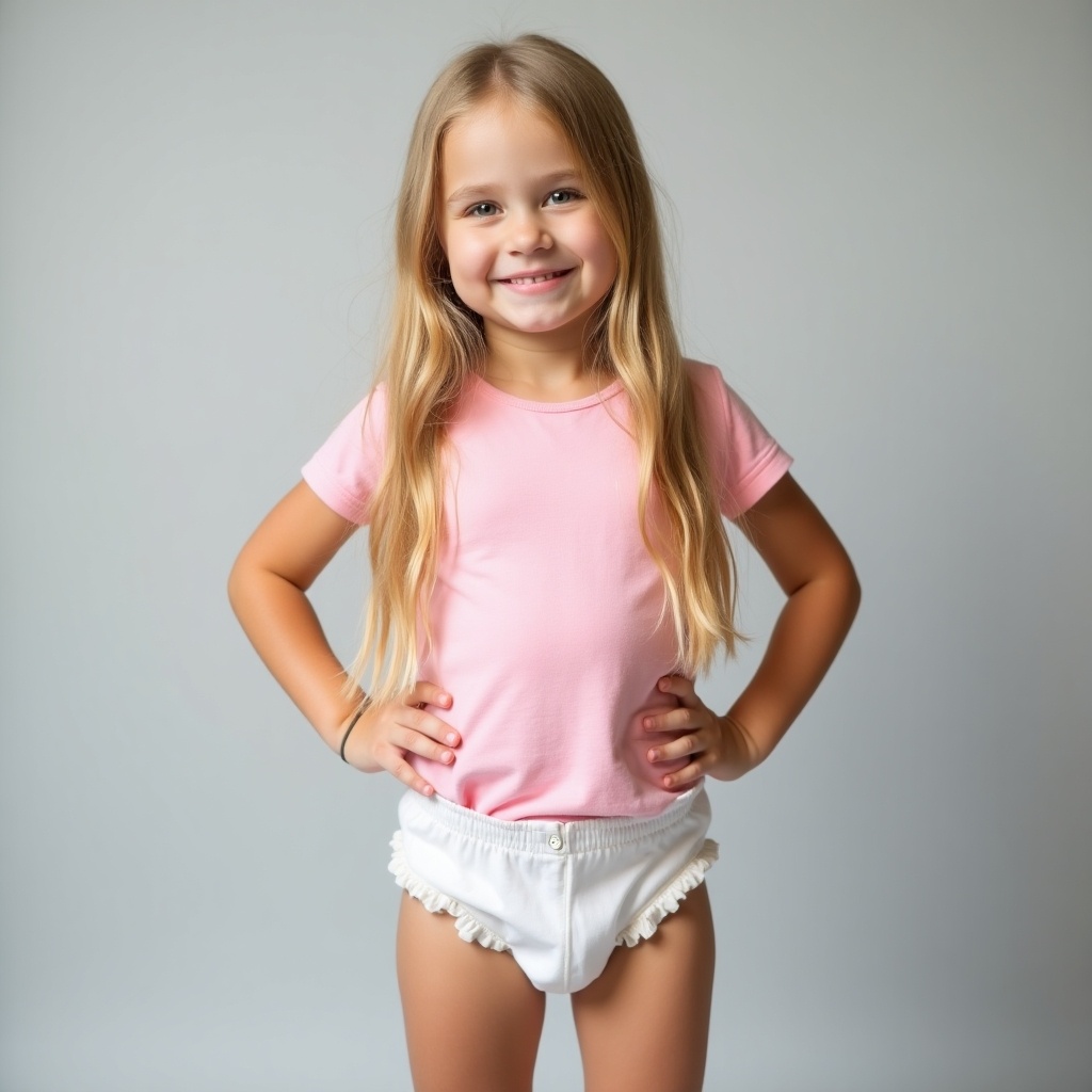 Image features a girl with long hair wearing a pink t-shirt and white diaper. The background is gray. The pose is relaxed. The lighting is soft. This captures early childhood moments.