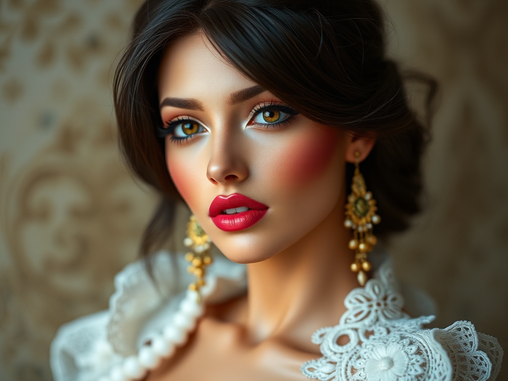 A woman with striking makeup and lace attire, exuding elegance and sophistication.