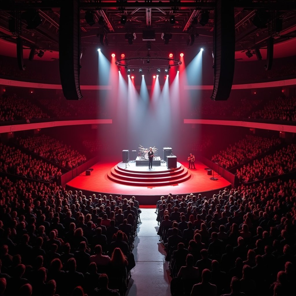 The image captures a vibrant concert scene at Madison Square Garden featuring Roddy Rich. It showcases a T-stage runway where the artist performs in front of a packed audience. The lighting is dramatic, with strong red lights illuminating the stage and creating a striking contrast against the darkened arena. The view is from a drone, providing an expansive perspective of the crowd and the venue’s modern architecture. Energy and excitement fill the air as fans enjoy the live music experience.