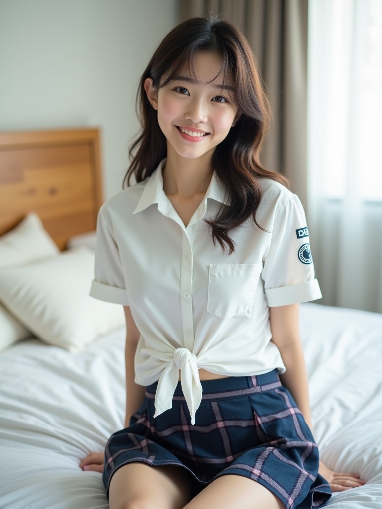 A young woman sits comfortably on a bed, smiling softly in a room bathed with natural, gentle light. She wears a crisp white shirt tied at the waist and a blue plaid skirt, exuding a casual yet sophisticated aura. The bright and airy room, with neutral tones and soft textures, complements her serene and cheerful demeanor.