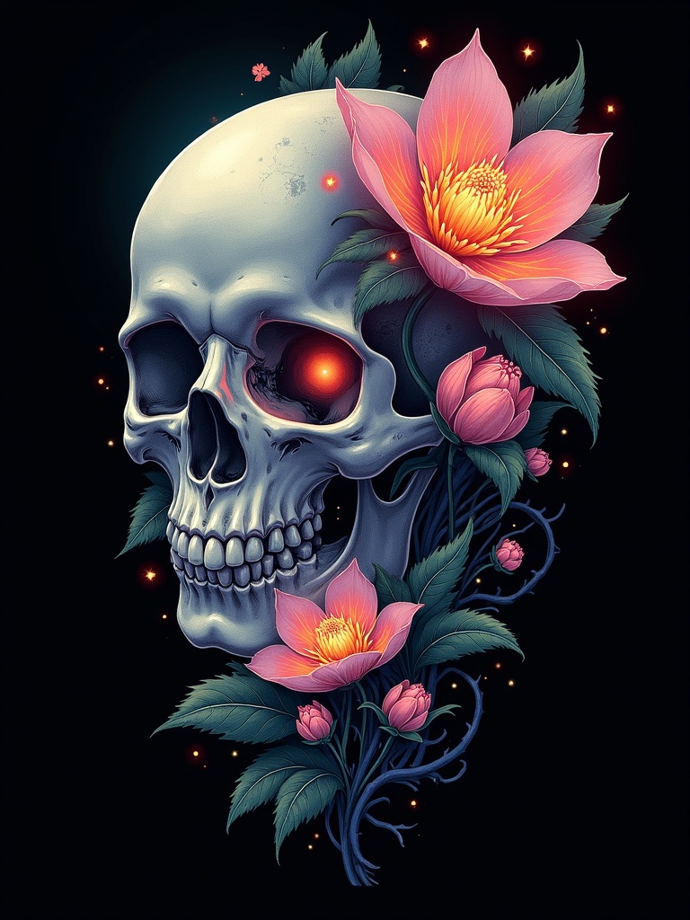 Vector design of a partially transparent skull. Glowing flowers and leaves emerge from the skull. Black background with high details for t-shirt graphics.