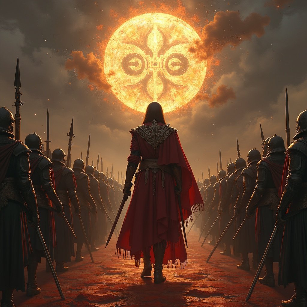 Cover art for Path of Exile 2 featuring a heroic figure in a red cloak standing before an army of soldiers. A large, glowing moon fills the sky behind. Theme draws from Ten Thousand Immortals army imagery.