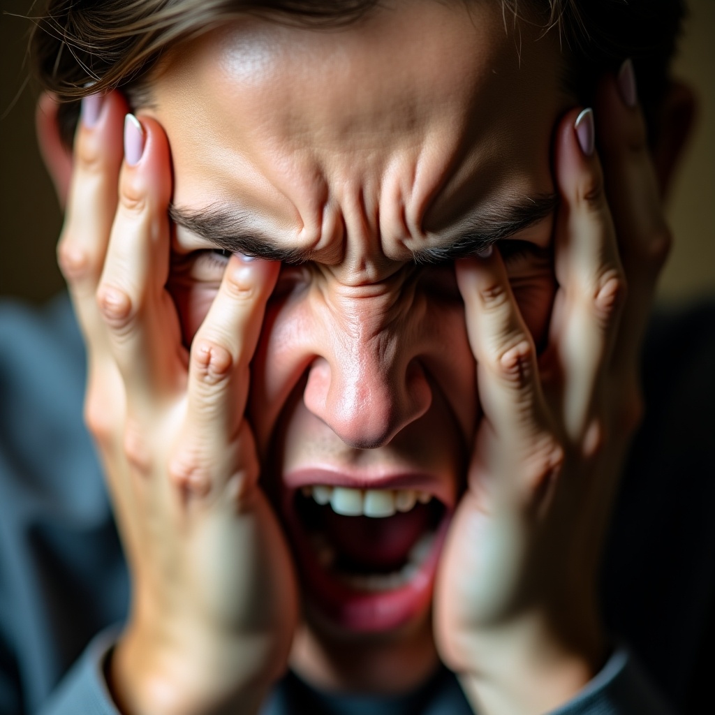 Intense close-up of a person showing frustration and anger. Hands gripping face tightly. Sharp details highlight stress lines on the forehead. Background is out of focus.