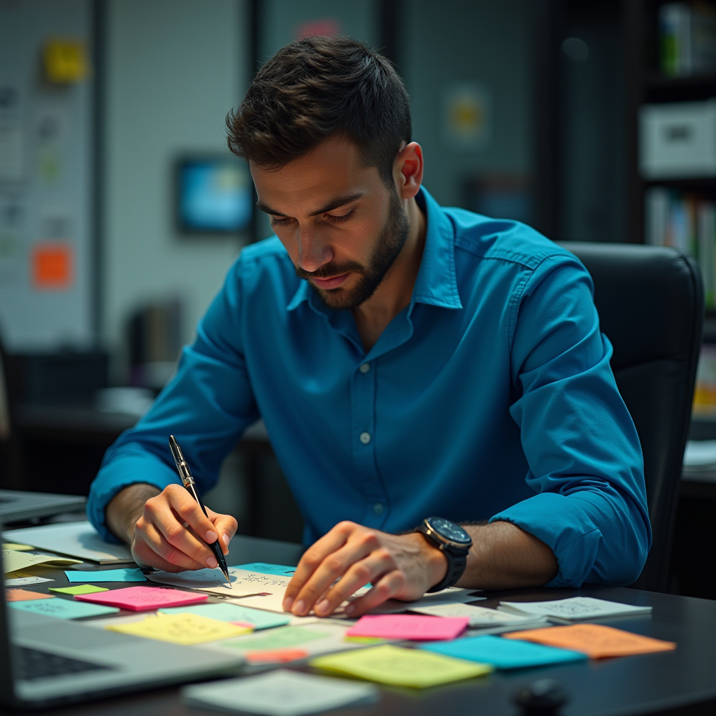 A man in a blue shirt writes on paper surrounded by colorful sticky notes.