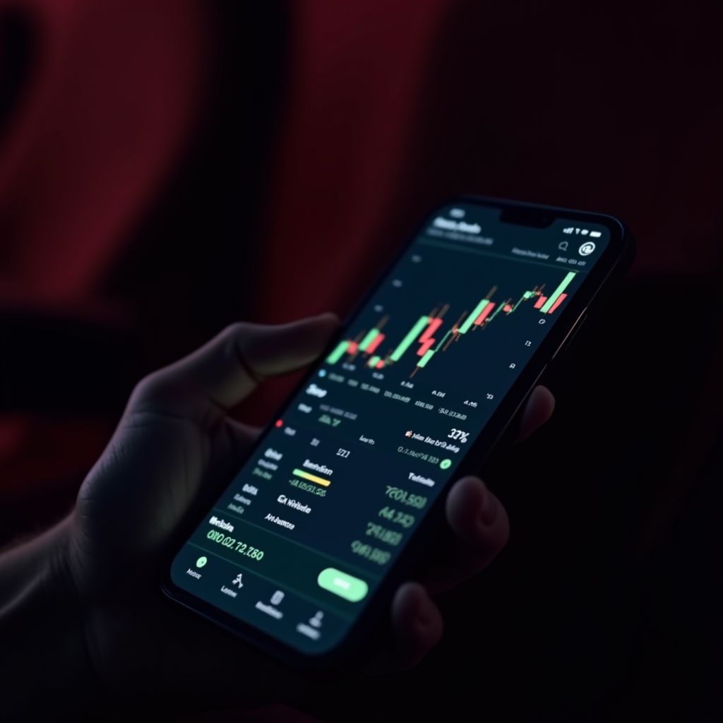 A person holds a smartphone displaying a colorful stock market chart in a dimly lit setting.