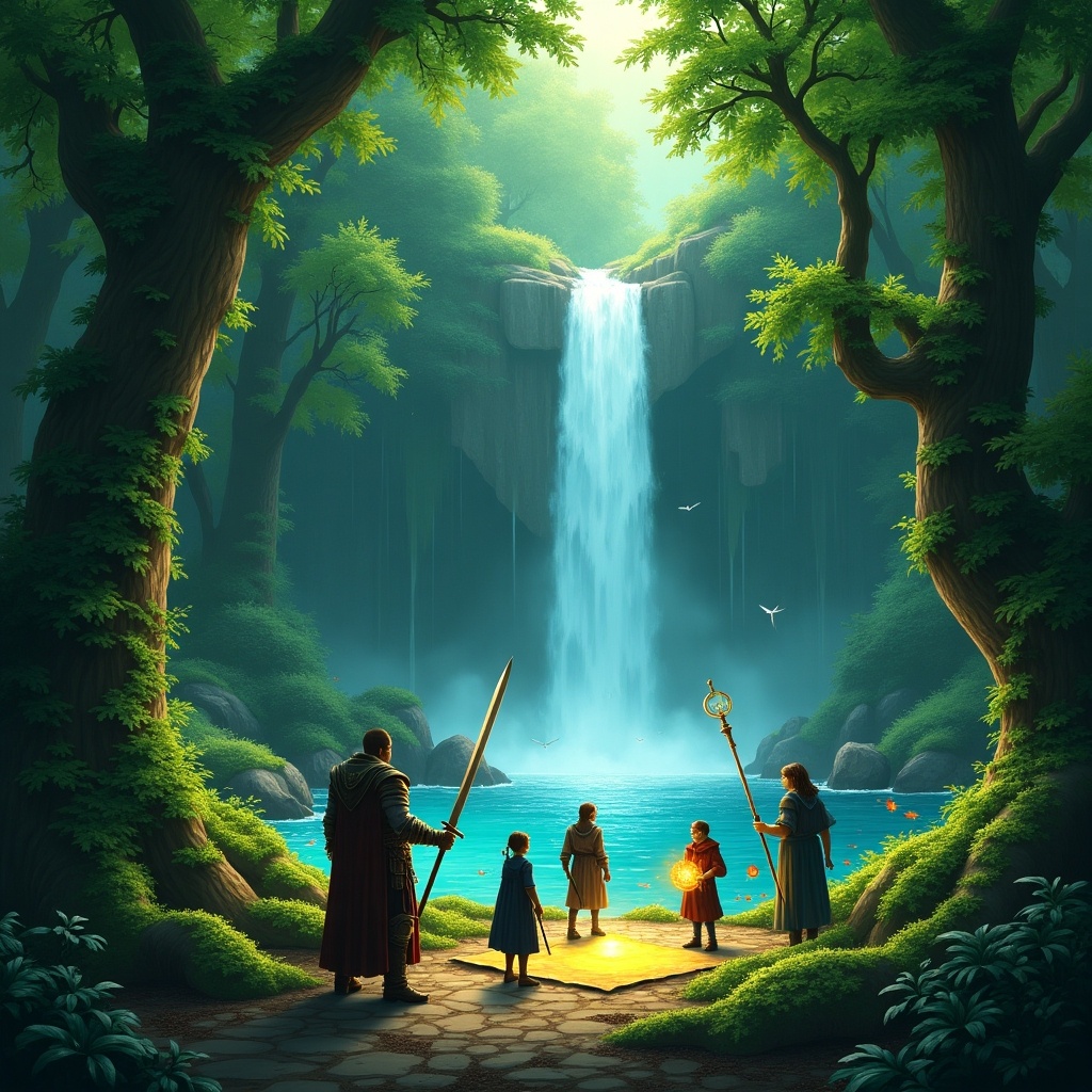 A fantasy scene depicting a group of adventurers standing by a majestic waterfall in a lush forest. They are poised and ready for an adventure with swords and shields, emanating a sense of wonder.