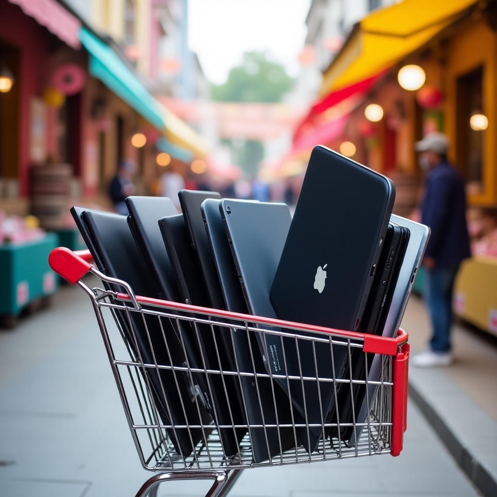 The image shows a vibrant street market scene with colorful stalls in the background. In the foreground, there is a shopping cart filled with various laptops. The laptops are prominently displayed, showcasing their sleek designs. The market ambiance conveys an inviting shopping experience. The overall atmosphere combines technology and traditional market culture.