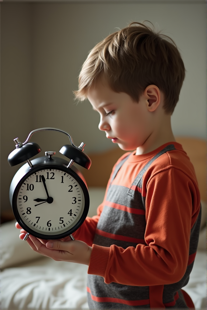 A young child intently examines a large black alarm clock, with dark and light brown hair and a striped orange and grey sweater, standing in a softly lit room.