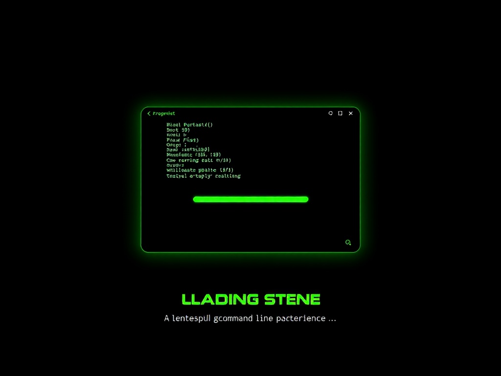 A glowing green command line interface on a black background with a progress bar and text.