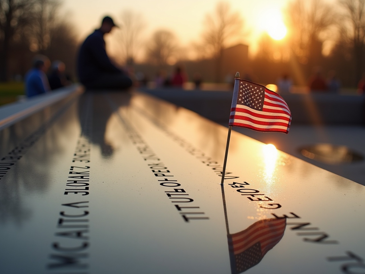 The image captures a small American flag planted on a reflective surface engraved with names, possibly commemorating a memorial or historical event. The surface stretches into the distance, leading to a background of people carrying on with their life, suggesting a safe world where daily activities continue while soldiers protect us. The scene is illuminated by the warm glow of a sunrise or sunset, casting long shadows and highlighting the solemn and respectful tone of the location. In the background, a person is sitting on the edge, providing a sense of solitude and contemplation. The overall atmosphere is serene and reflective, emphasizing themes of remembrance and honor.