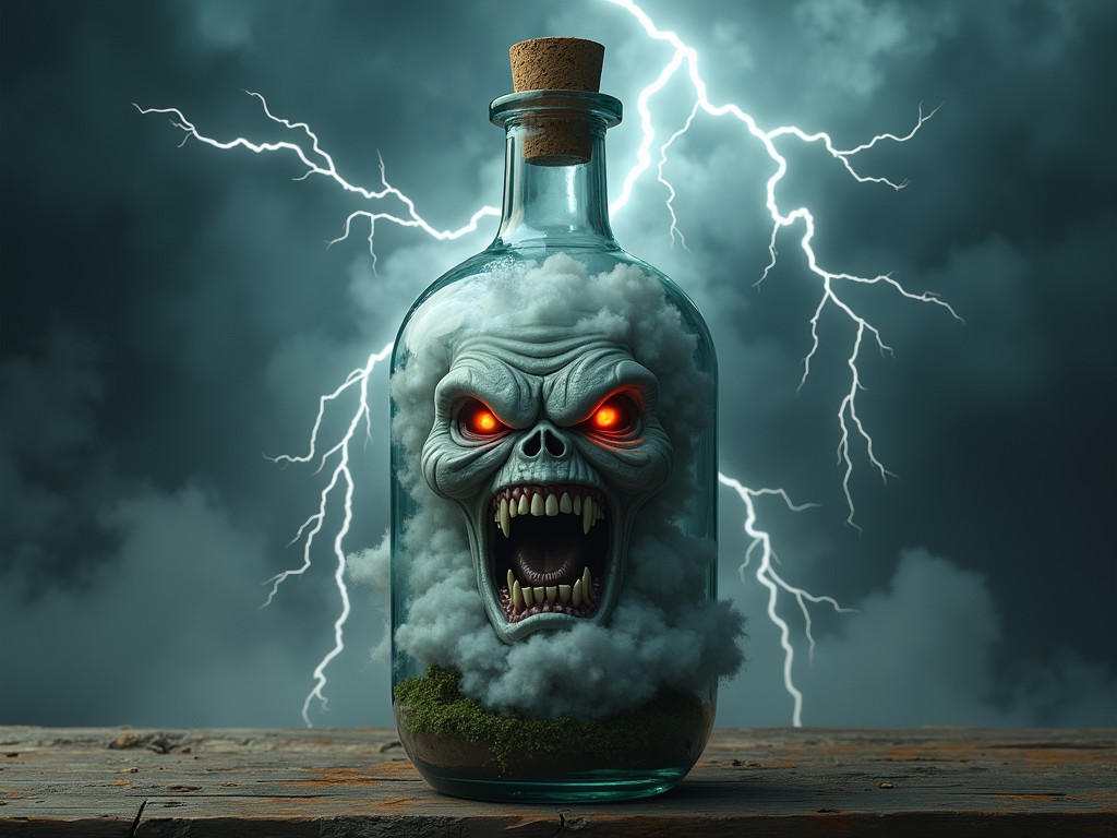 A haunting visage with fiery red eyes emerges from stormy clouds contained within a glass bottle, set against a background of dramatic lightning. The image captures a sense of dark mystery and supernatural intensity as the menacing face seems poised to break free from its confinement. The combination of eerie light and powerful weather elements adds to the unsettling and captivating aura.