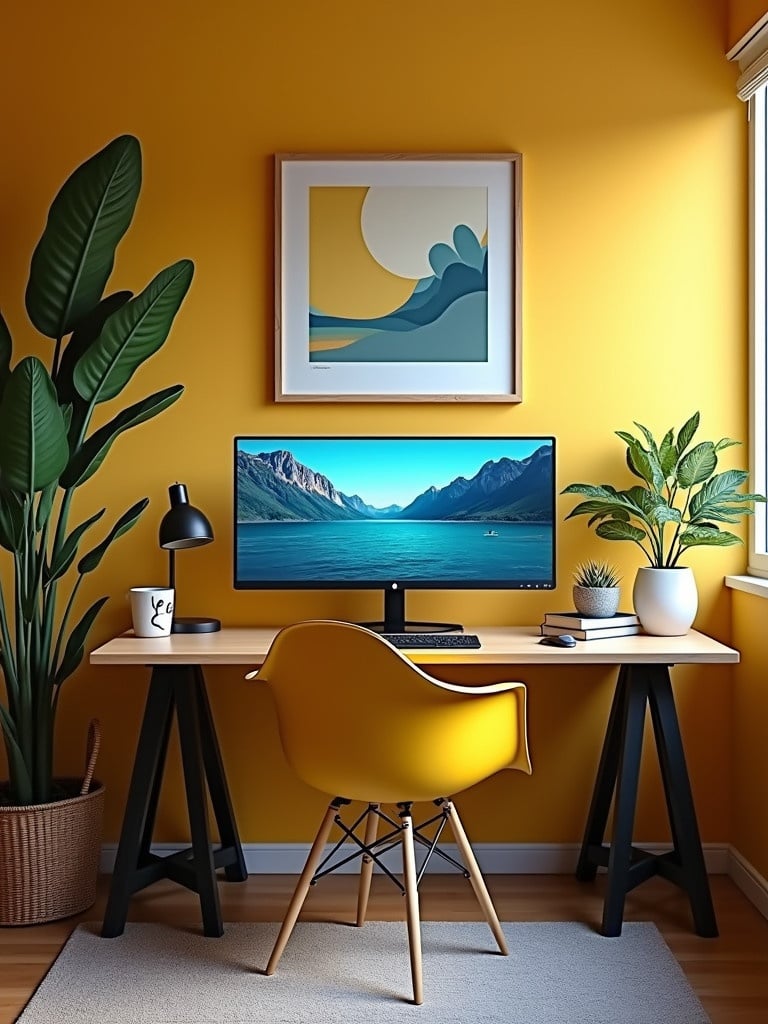 Home office designed with yellow and blue colors. Features a modern desk with ultrawidescreen monitor and a secondary 27 inch monitor. Includes plants and decor that evoke surfing vibes. Perfect for a young professional.