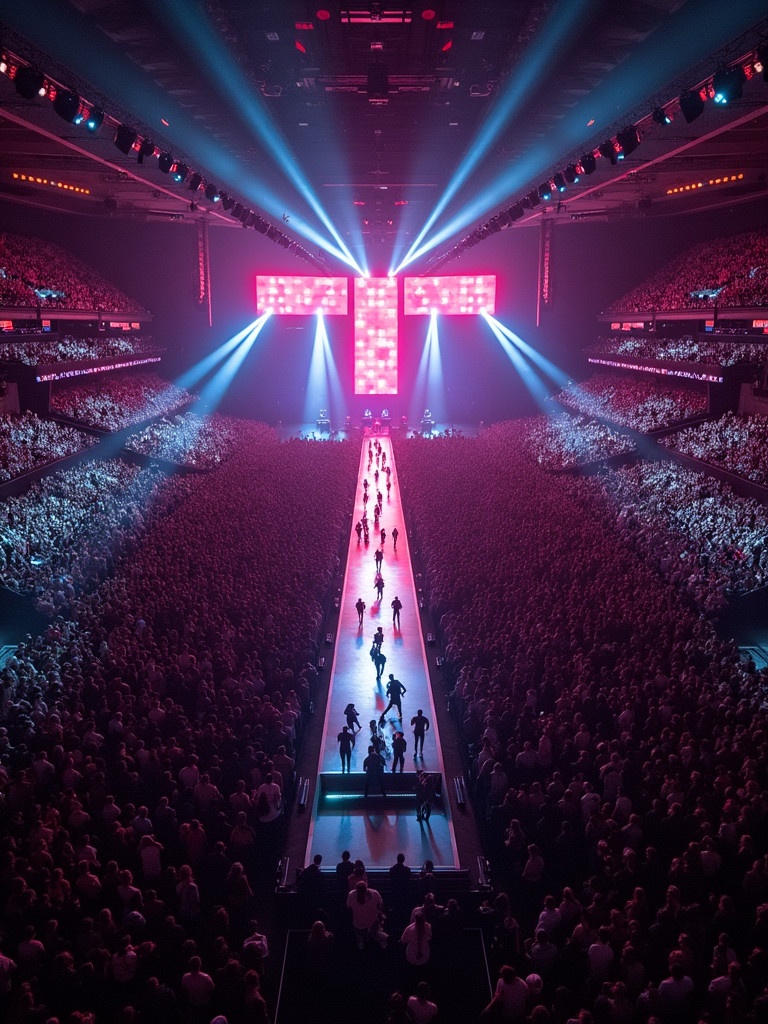 Aerial view of Travis Scott concert at Madison Square Garden. Vibrant T stage with runway. Large crowd filling the venue. Dynamic light beams shining.