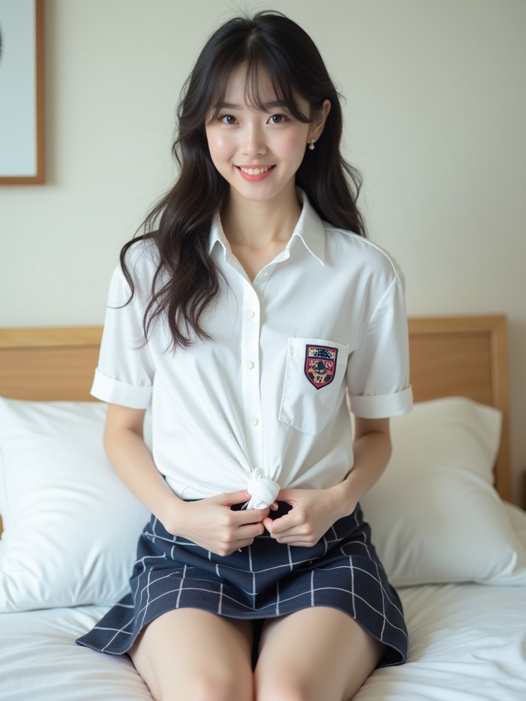 A young woman with long, dark hair sits on a bed, wearing a white shirt with a crest and a plaid skirt. The room has a calm atmosphere, and she smiles warmly at the camera, exuding a sense of youthful elegance and tranquility.