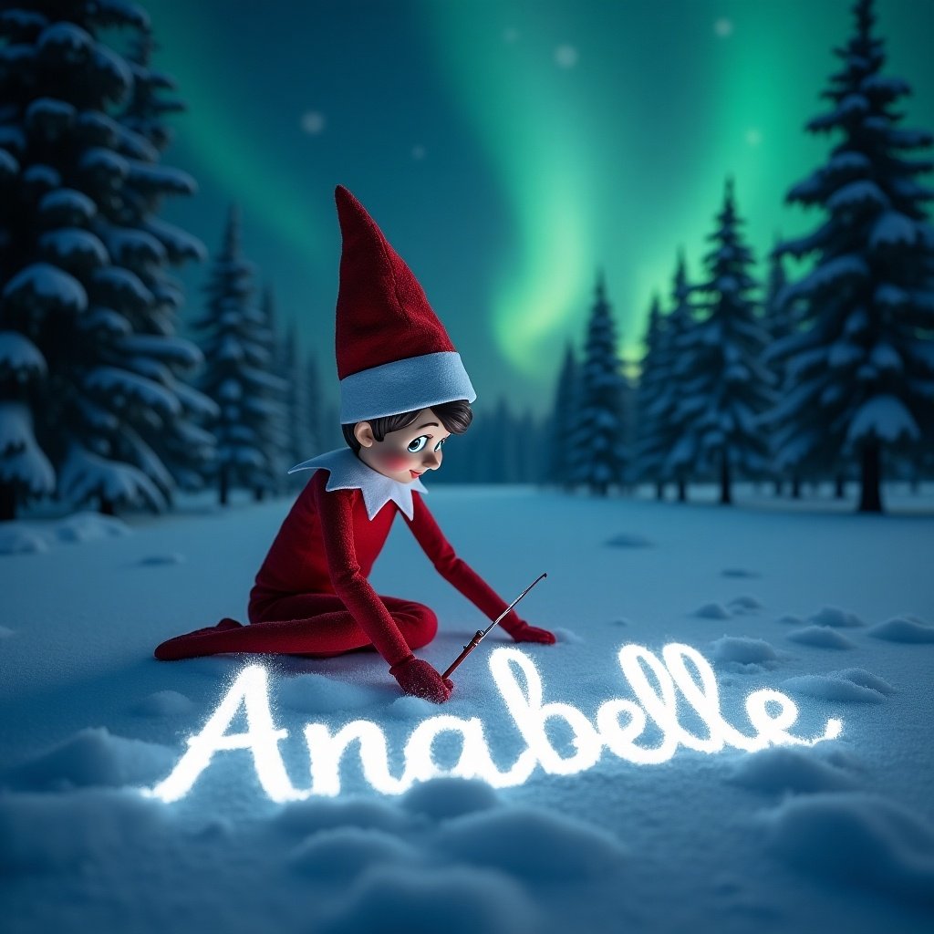 Magical Elf on the Shelf Writing Annabelle in the Snow Under Northern Lights Flux AI Image