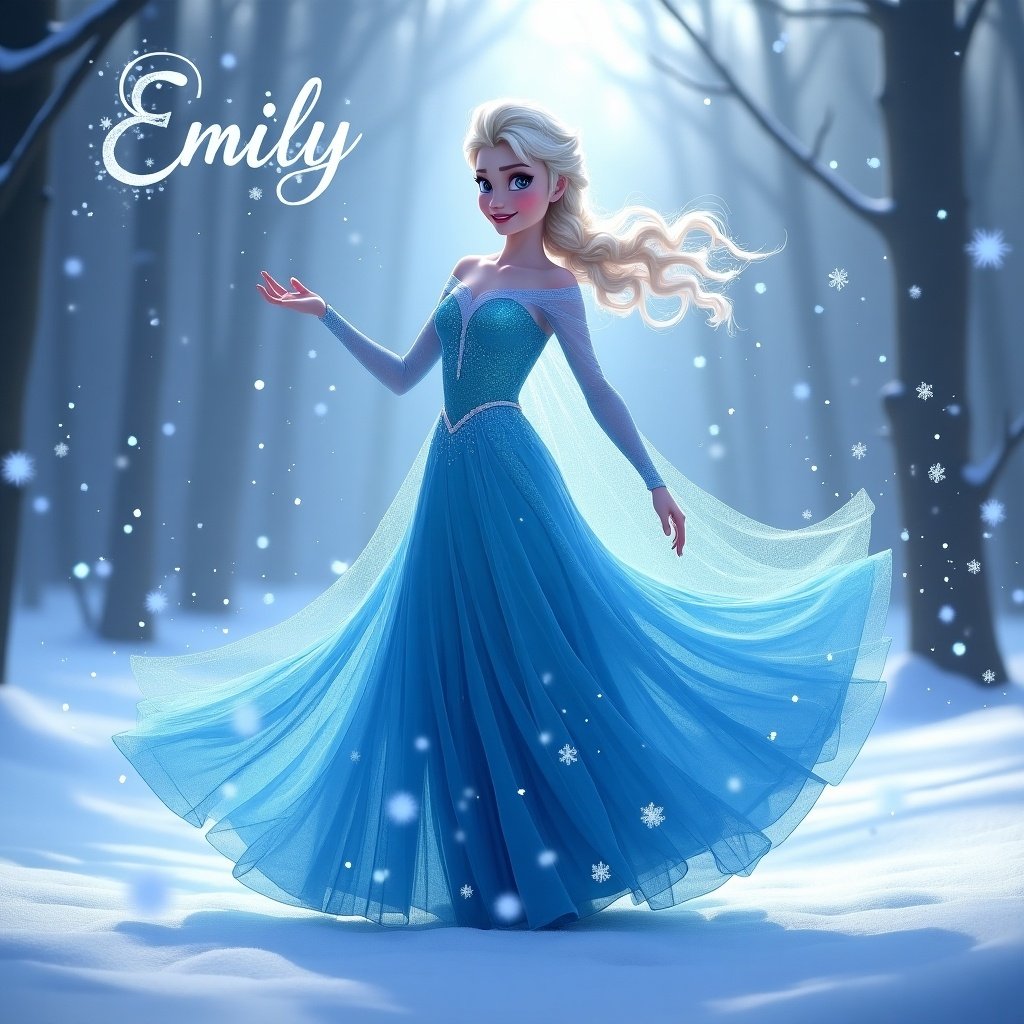 Image features Elsa from Disney's Frozen in a winter landscape. She wears a blue flowing dress. The scene has snow and glittering flakes. She dances joyfully. Soft lighting creates a mystical feel. The name Emily appears in the sky.