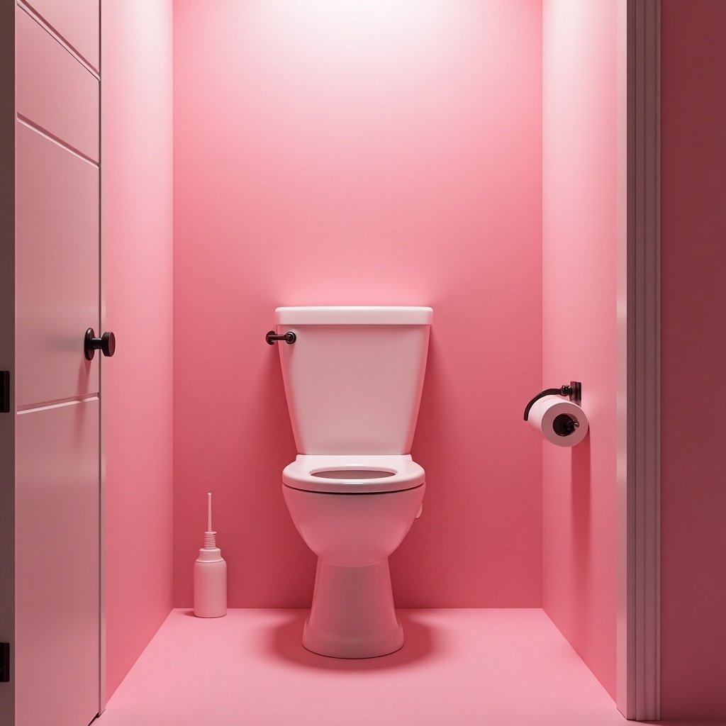 Simple bathroom setting featuring a white toilet against a soft pink background. The walls and floor are all pink. A toilet paper roll and a cleaning bottle are present on either side.