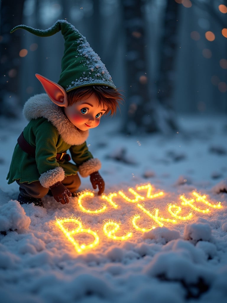 Elf character writes name in snow using glowing lights. Scene filled with softly falling snow. Warm lighting enhances magical atmosphere.