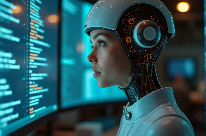 A cyborg with a helmet and intricate circuitry gazes intently at screens displaying complex code.