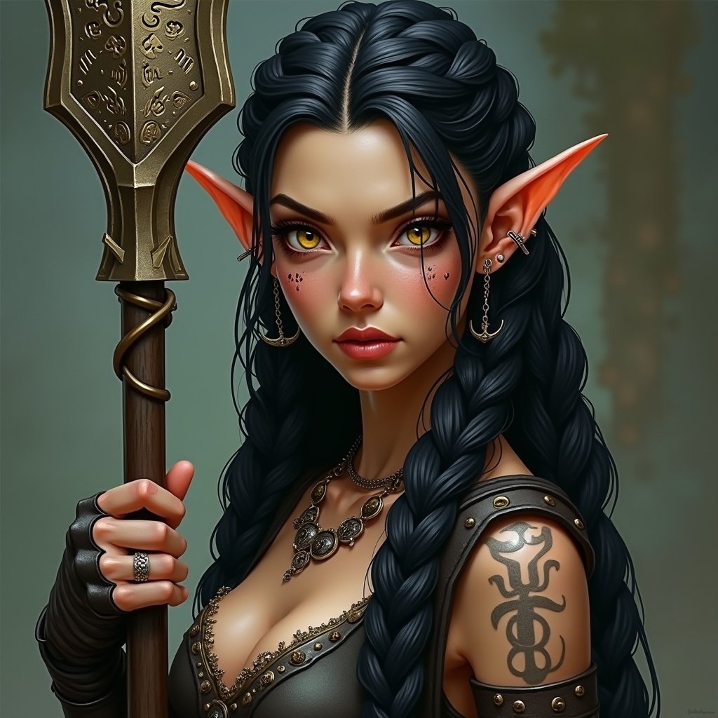 Image of an elf woman with light tanned skin and gold eyes. Dark braided hairstyle shows her character's edge. She holds a metal staff with runes. Industrial piercings add a modern twist. Fingerless leather gloves create a rugged look.