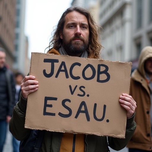 Empowering protester holding a demonstration sign in urban setting. The sign reads Jacob vs Esau. Esau loses. City background. Crowd presence.