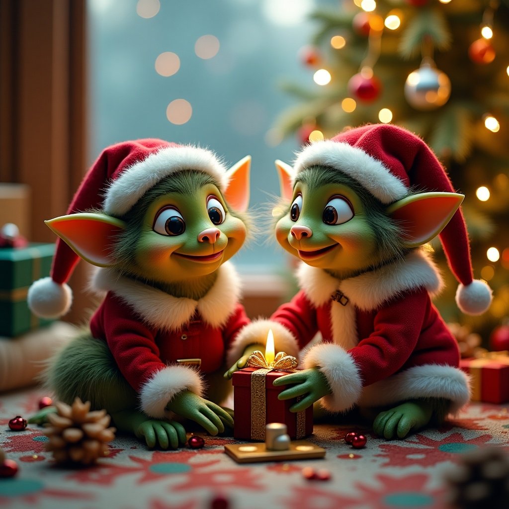 Two adorable elves in Christmas attire sit together. They exchange a beautifully wrapped gift. Background decorated with a Christmas tree and colorful ornaments. Warm, inviting atmosphere.