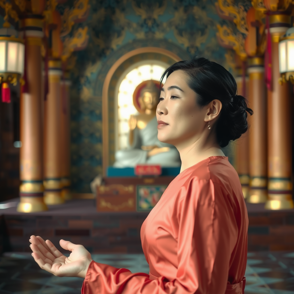 A woman in traditional attire meditates inside a serene temple.