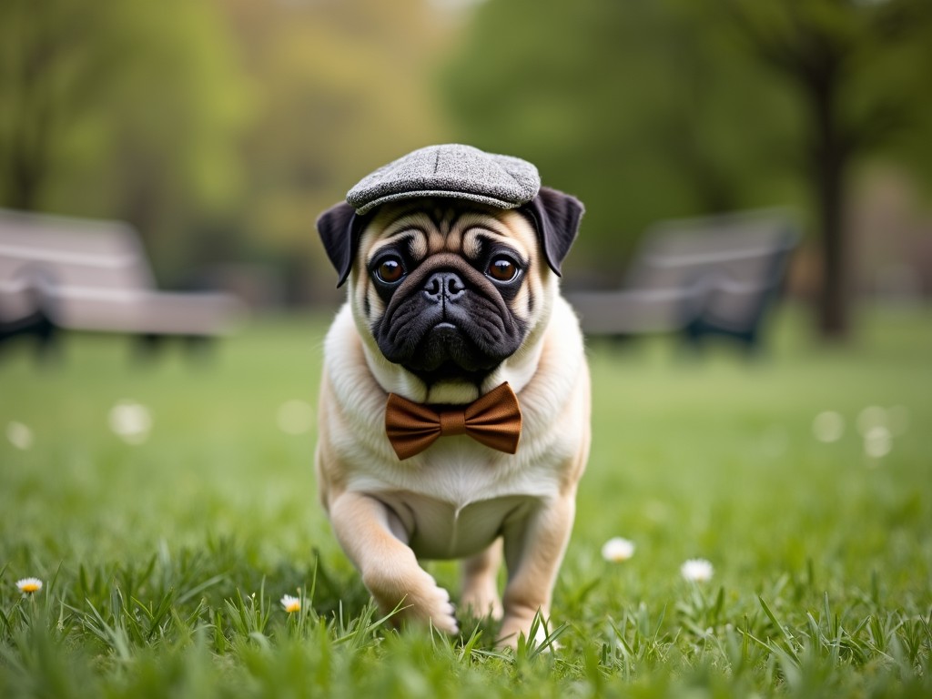 A charming pug is seen walking on a green lawn, donning a stylish tweed cap and a brown bow tie, exuding a sophisticated yet adorable appearance. The park setting creates a serene and relaxed atmosphere, with blurred benches and trees in the background adding depth to the image. The pug's confident stride and expressive eyes make it the focal point, captivating the viewer's attention.