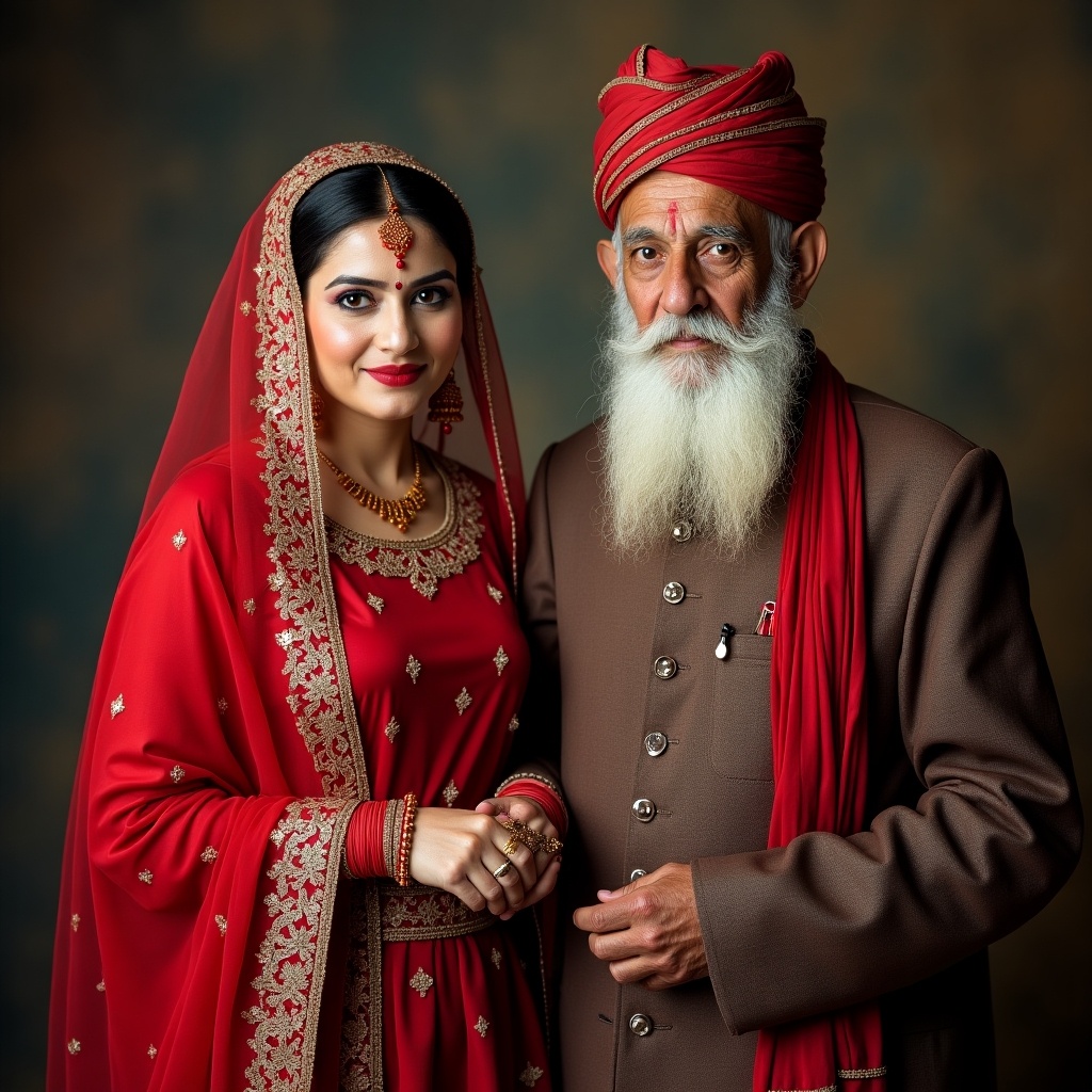 Beautiful Pakistani bride in a red dress stands next to a very elderly Pakistani groom. Captured during a wedding ceremony with an ultra wide photography approach in ultra hd.