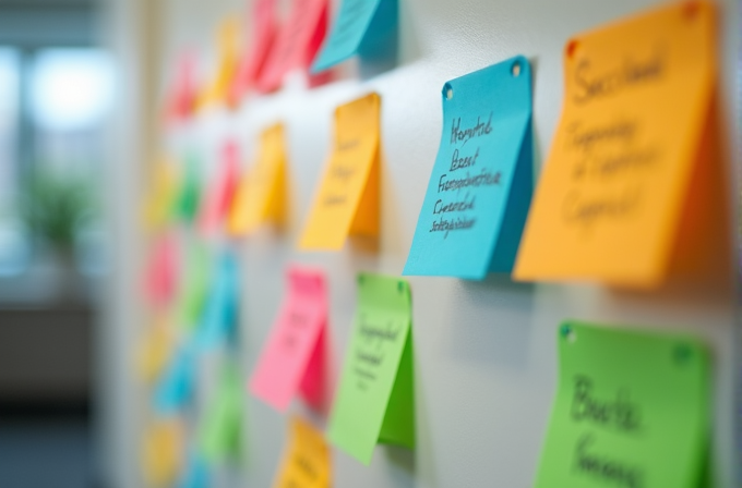 A colorful assortment of sticky notes is displayed on a wall, each bearing handwritten notes and ideas.