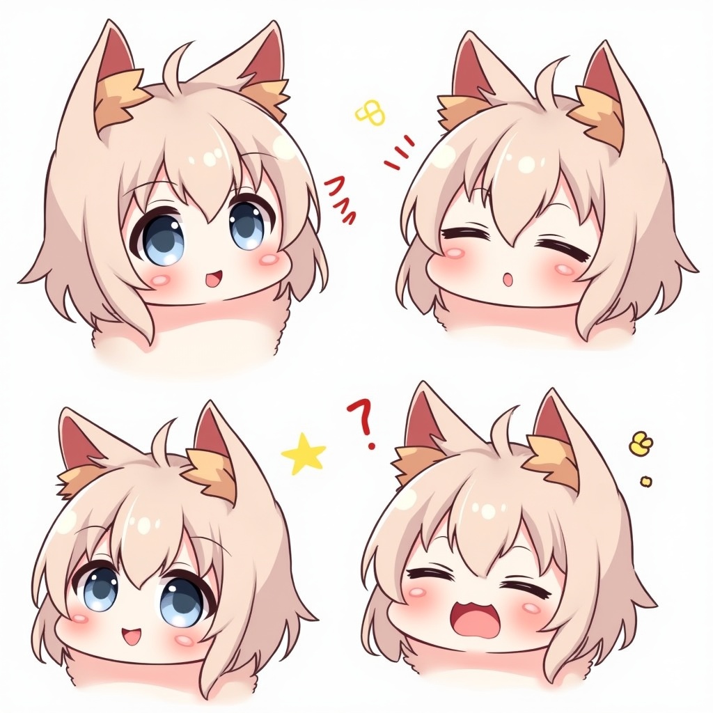 Anime-style character with various cute expressions. Character has light beige hair and animal ears. Faces show emotions like happiness, surprise, and confusion.