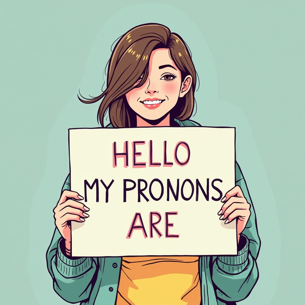 A person holding a sign reading 'Hello, my pronouns are' with an incomplete phrase, depicted in a vibrant, cartoon style.