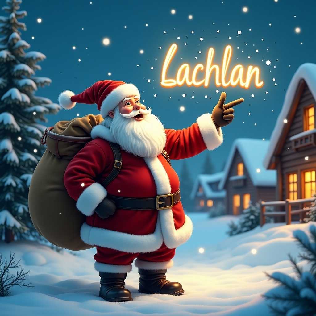 In this enchanting winter scene, Santa Claus is dressed in his iconic red suit. He has a fluffy white beard and carries a large sack over his shoulder. Standing in a snowy village, he points up at the sky. Santa is magically writing the name 'Lachlan' with glowing light. Snowflakes gently fall around him, and charming wooden houses with warm lights are visible in the background. The evergreen trees add to the festive feel of the scene.