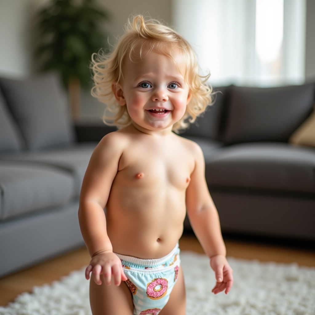 A happy, playful 2-year-old toddler is standing in a cozy living room. The child has curly blonde hair and bright blue eyes, radiating joy. They are wearing a cute diaper adorned with colorful donut designs. The room is softly lit with natural light filtering through the windows, creating a warm atmosphere. The toddler is smiling, engaging with their surroundings, embodying a sense of innocence and playfulness. In the background, there is a comfortable gray sofa and a soft rug, adding to the homey feel of the scene.