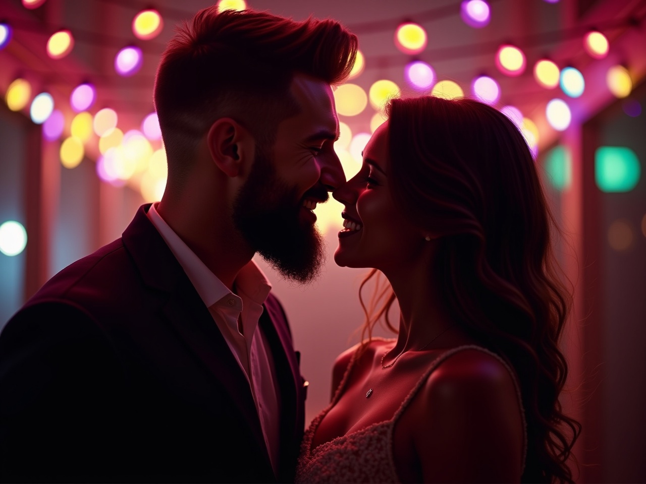 The image depicts a romantic scene where a couple is about to kiss, surrounded by vibrant string lights at night. The colorful lights create a warm and dreamy atmosphere, enhancing the intimate moment. The couple is silhouetted against the glowing background, emphasizing their closeness and connection. The male has a stylish haircut and beard, while the female has long, flowing hair. Both appear happy, radiating love and affection. The blurred background adds to the overall romantic feel of the image.