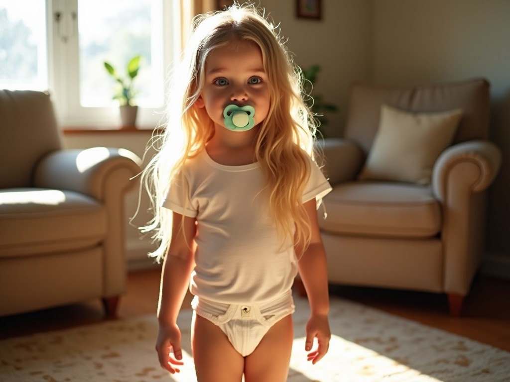 This image features a seven-year-old girl with long, blonde hair and emerald green eyes. She is wearing a white t-shirt and a disposable diaper, standing in a cozy room at her grandma's house. Soft sunlight streams in from a nearby window, highlighting her features. The girl has a pacifier in her mouth, giving her a childlike appearance. The room is decorated with comfortable furniture and plants, creating a warm atmosphere. This scene captures the innocence and charm of childhood.