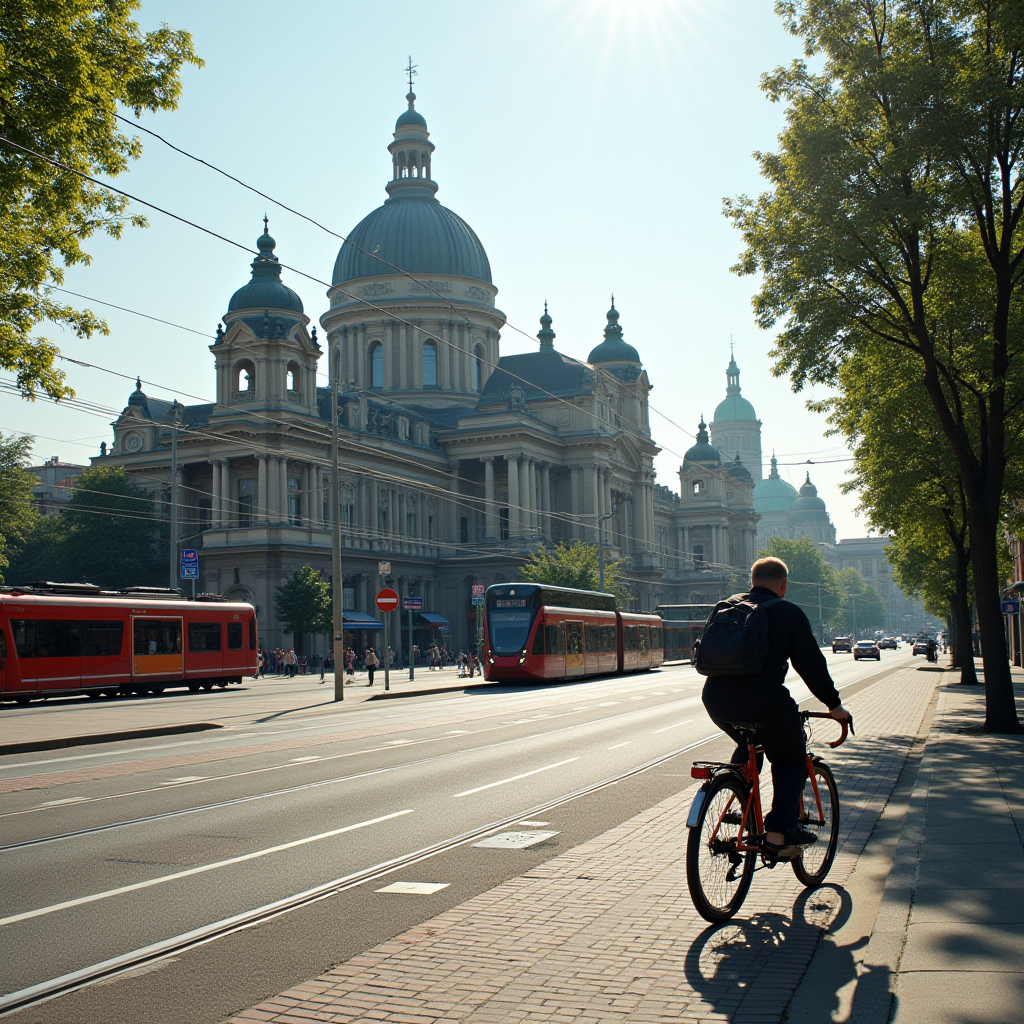 A person on a bicycle rides along a tree-lined street in front of ornate, domed architecture, while trams move along tracks under a bright sun.