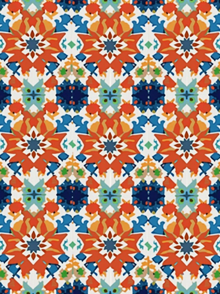 Pattern features colorful geometric shapes. Design includes symmetrical arrangements. Colors are vibrant and diverse. Shapes are abstract and fluid.