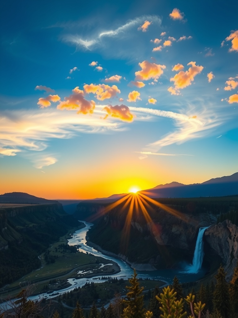 The image captures a breathtaking landscape with the sun setting behind distant mountains, casting a golden glow over the horizon. A winding river snakes through a lush green valley, leading the eye towards a cascading waterfall. Cloud formations add texture to the sky, enhanced by the warm colors of the setting sun.