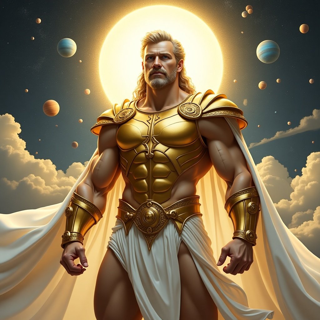 Image shows a strong character named Brian. He wears golden armor that symbolizes Gemini. The character stands heroically with a muscular build. Celestial background filled with planets and clouds appears. A radiant halo surrounds him. Armor is detailed, showing strength and nobility. Flowing white drapery adds elegance. This artwork blends fantasy and mythology.