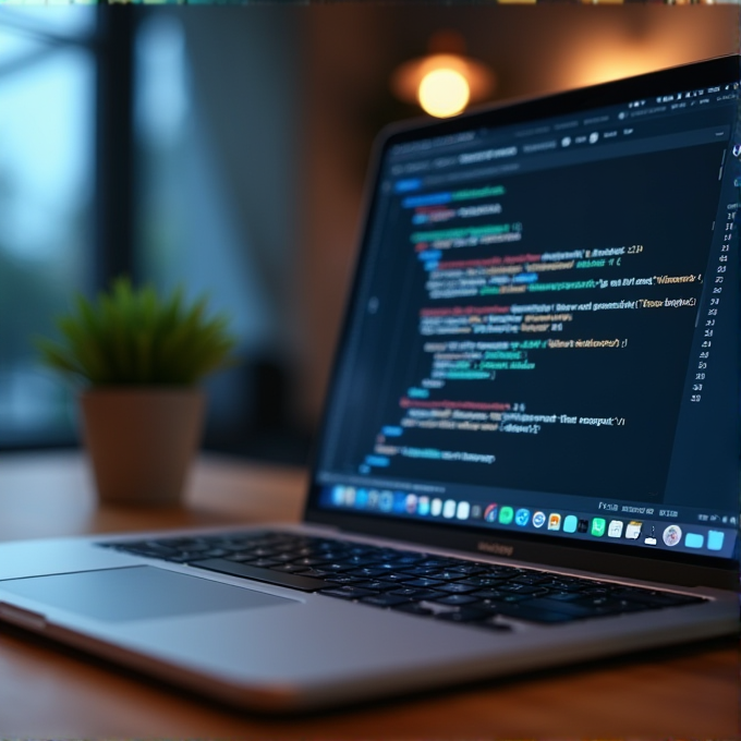 A laptop displaying lines of code, set against a softly-lit, cozy room with a potted plant nearby.