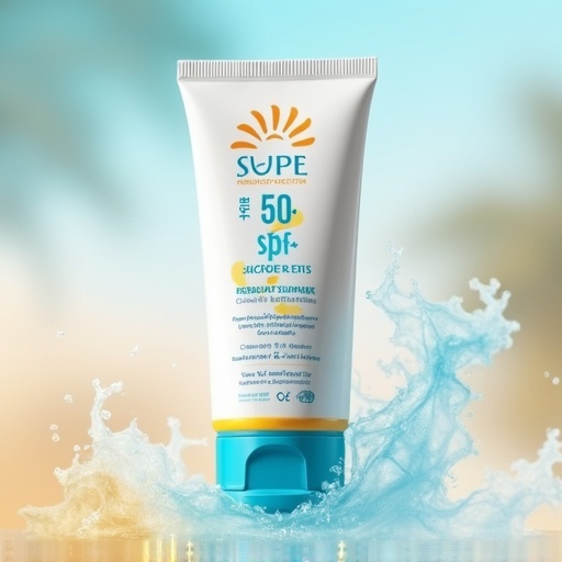 Advertisement for sunscreen product. Packaging shows name SVPE with SPF 50+. Design includes white tube with blue and yellow accents. Smoky effect around product conveys mystique and protection.